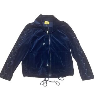 St. John Spa Women's Lg Navy Blue Velour‎ Full Zip Jacket Lace-Up Sleeve NWOT